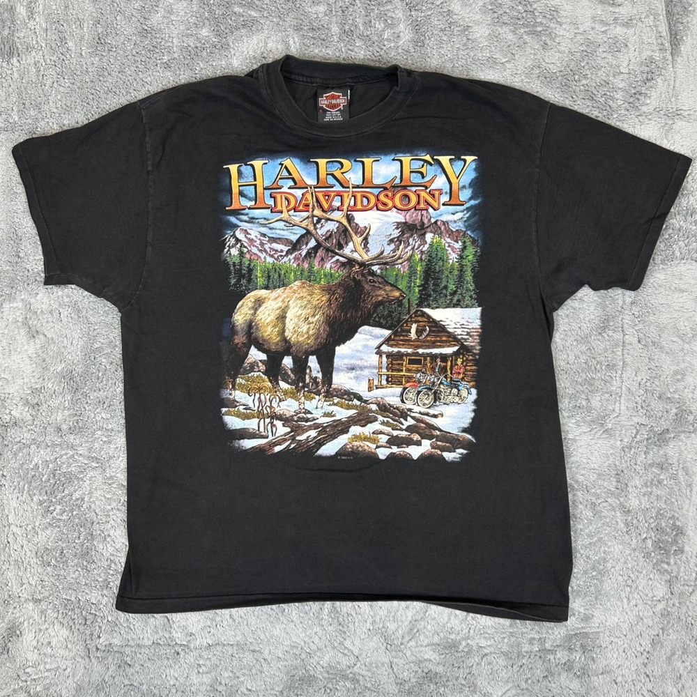 Vintage 1996 Harley Davidson Elk Nature T-Shirt Mens XL Black Chucks Bloomington